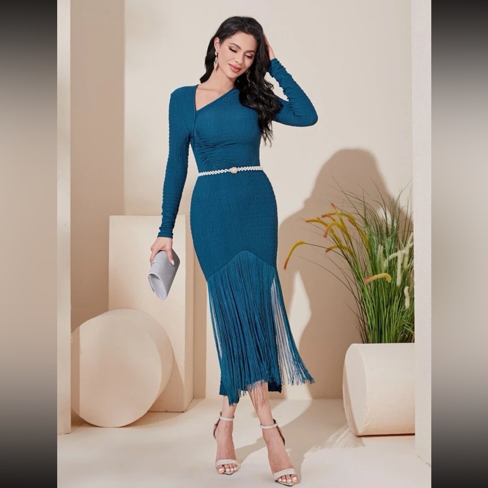 Teal bodycon fringe slim fitted holiday dress size XL Midi dress